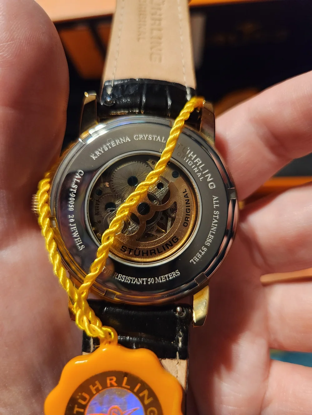 Stuhrling Original Skeleton Case Back Watch - Black & Gold
